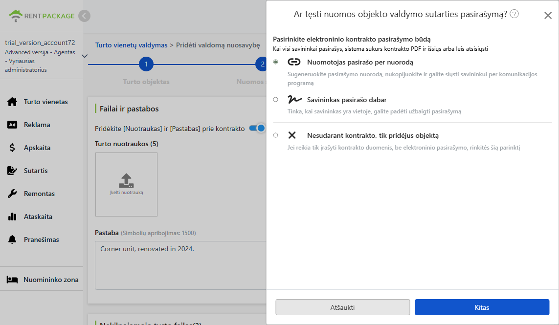 Pasirinkite elektroninio sutarties pasirašymo būdą: el. paštu, nuoroda, vietoje arba be sutarties