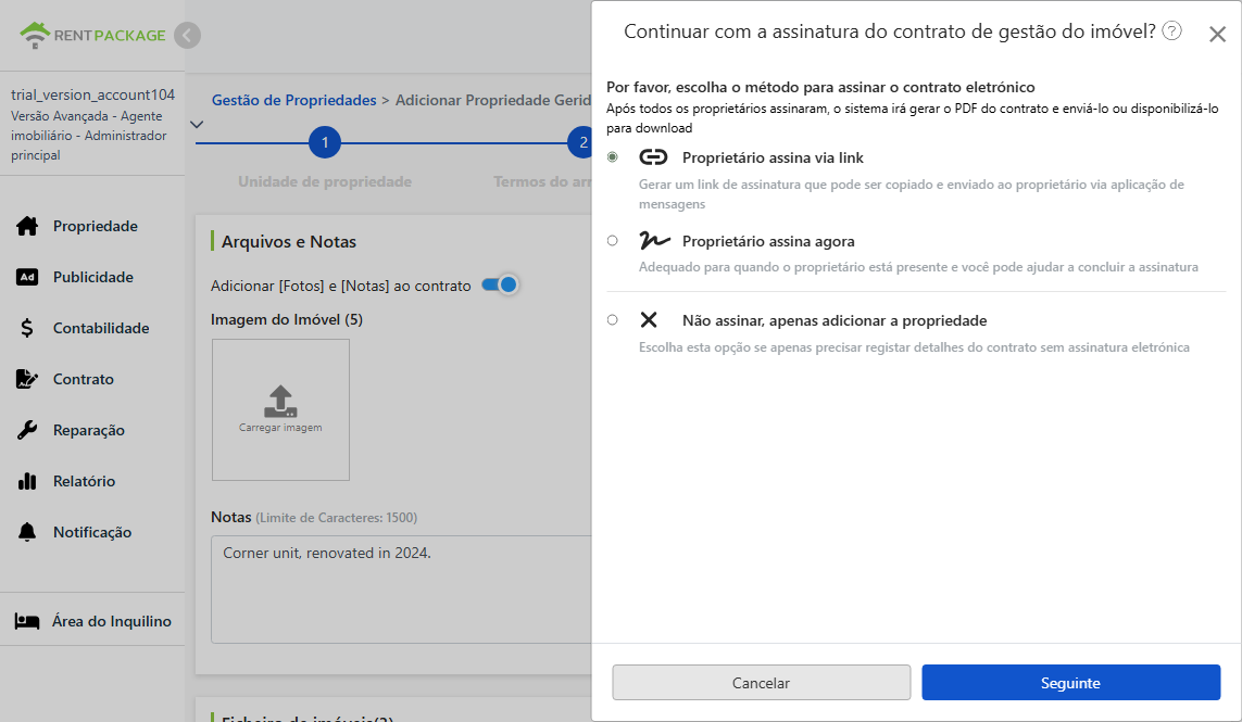 Escolha o método de assinatura eletrónica: Email, link, assinatura presencial ou sem contrato