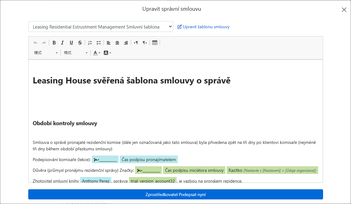 Šablona smlouvy automaticky doplní pole pro vlastníka, adresu a podpisy