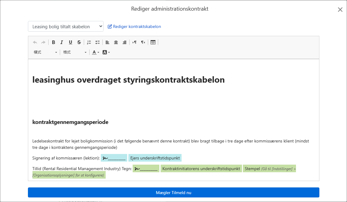 Kontraktskabelon udfylder automatisk felter for ejer, adresse og underskrifter