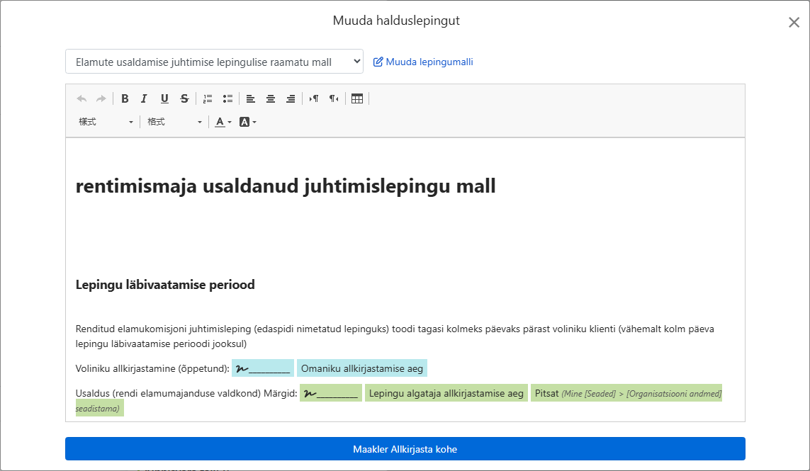Lepingupõhi täidab automaatselt omaniku, aadressi ja allkirjakohad