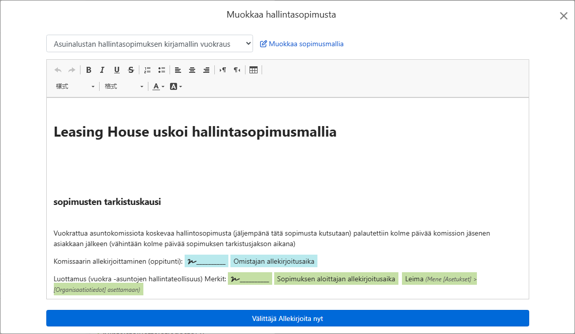 Sopimuspohja täyttää automaattisesti omistajan, osoitteen ja allekirjoituskentät