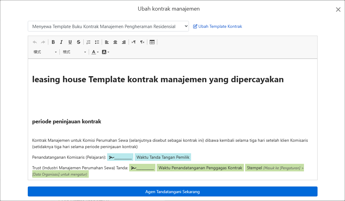 Template kontrak otomatis mengisi kolom pemilik, alamat, dan tanda tangan