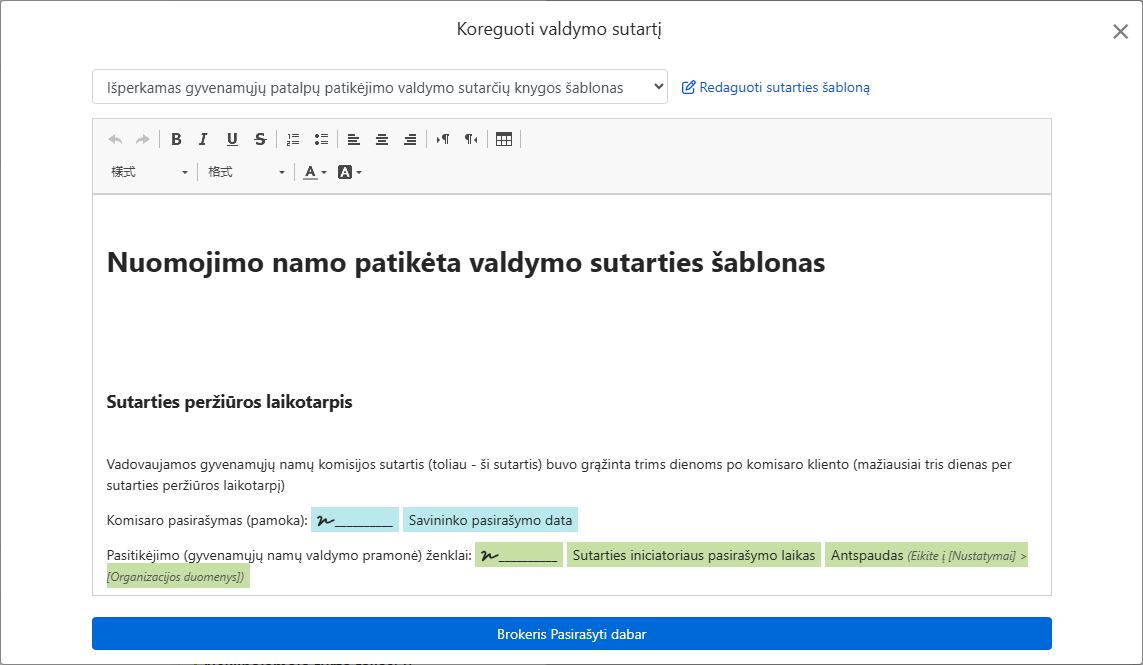 Sutarties šablonas automatiškai įtraukia savininką, adresą ir parašų laukelius
