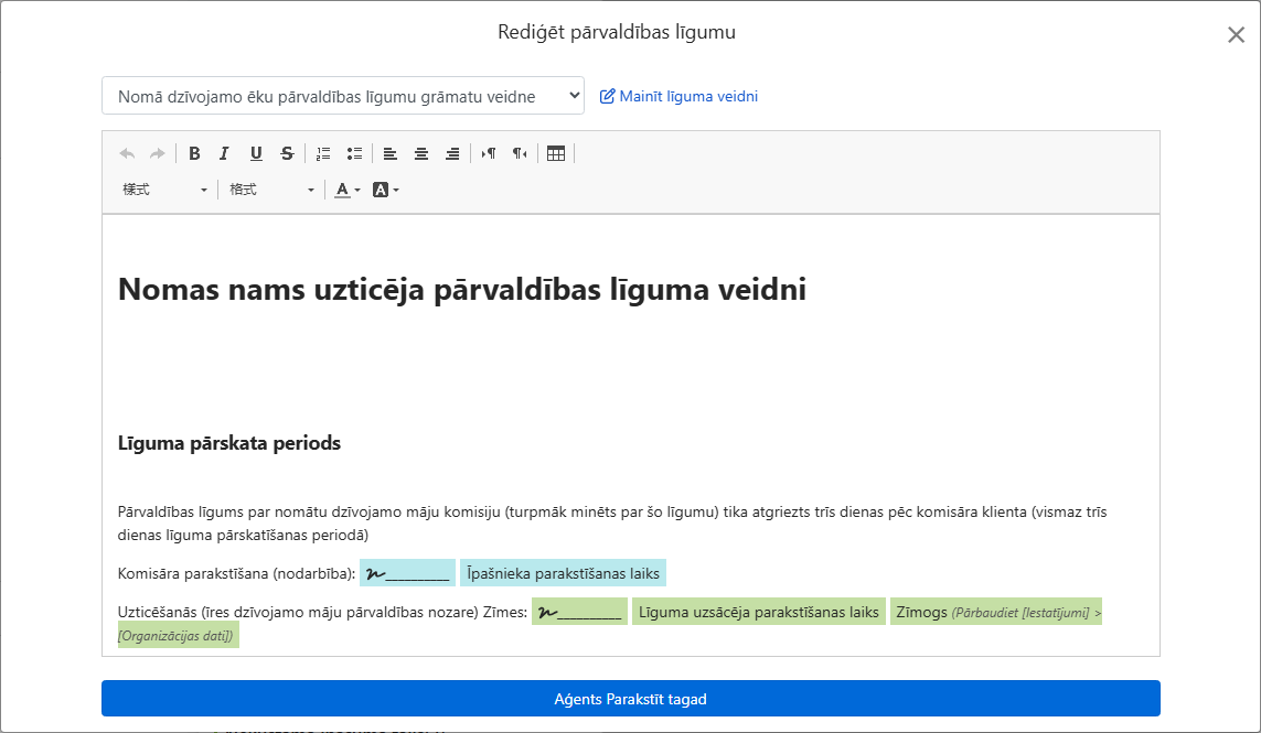 Līguma veidne automātiski ievieto īpašnieku, adresi un parakstu laukus