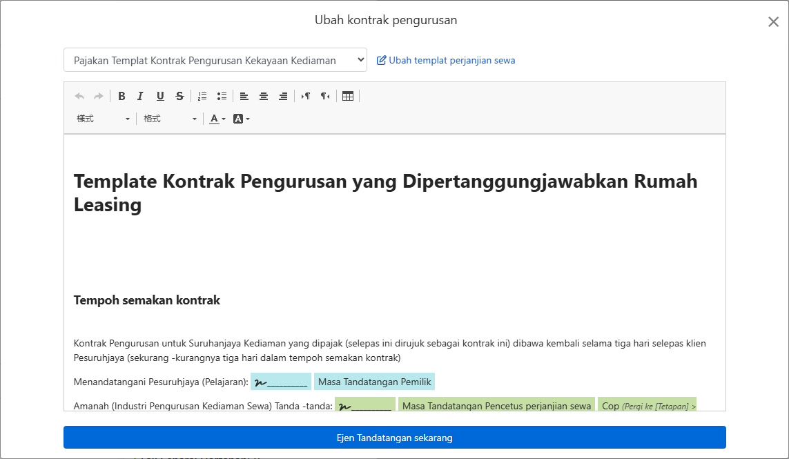 Kontrak automatik isi nama pemilik, alamat dan ruang tandatangan