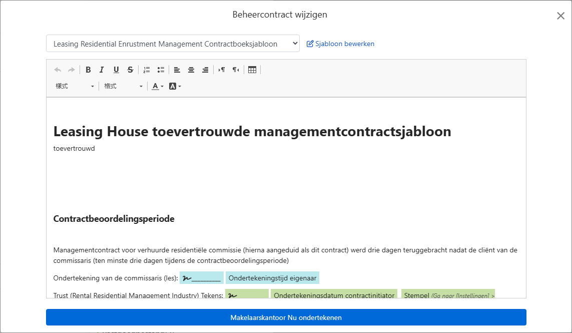Contractsjabloon vult automatisch eigenaar, adres en ondertekeningsvelden in
