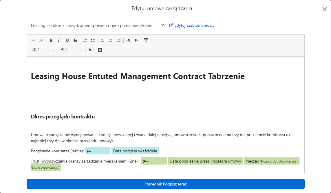 Szablon umowy automatycznie wprowadza dane właściciela, adresu i pola podpisu