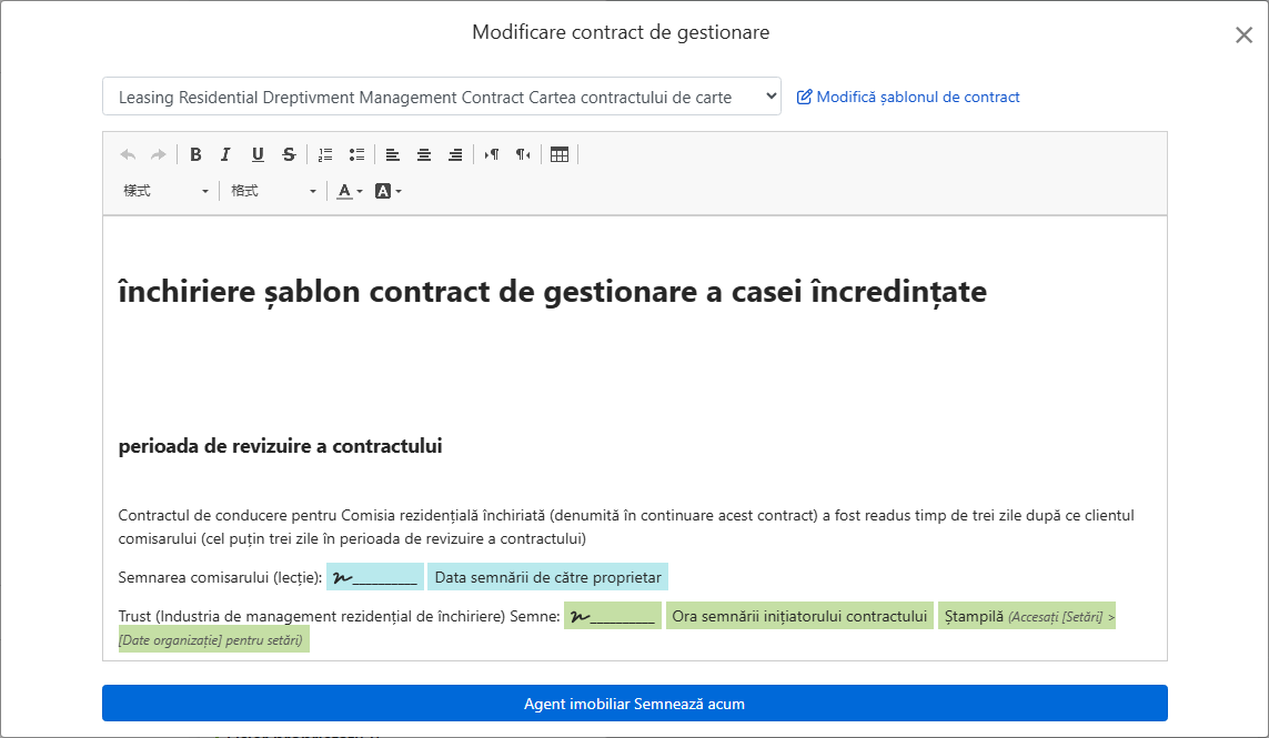 Șablonul de contract completează automat câmpurile pentru proprietar, adresă și semnături