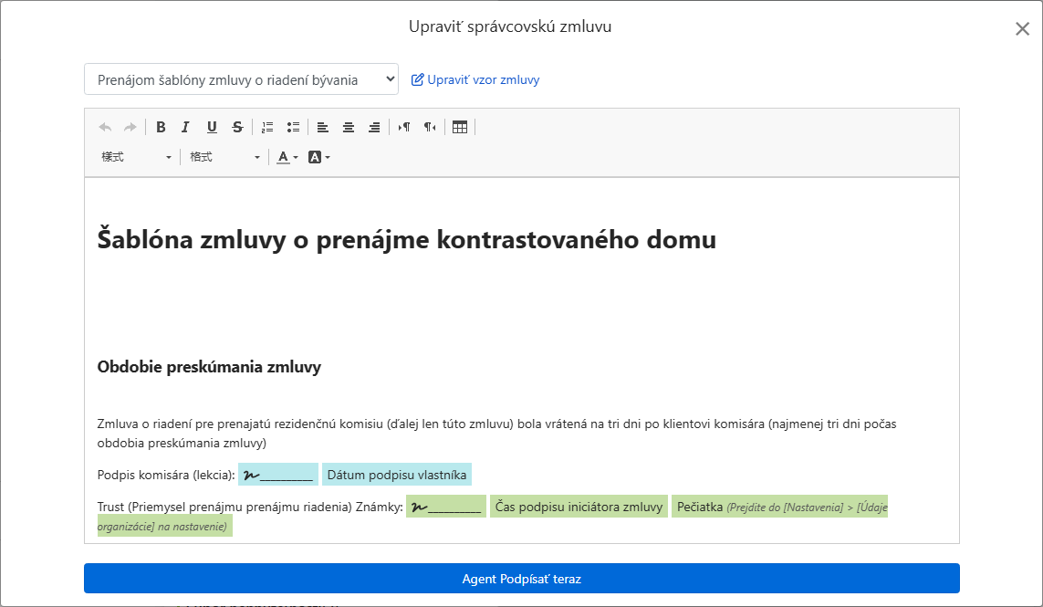 Šablóna zmluvy automaticky vyplní polia vlastník, adresa a podpisy