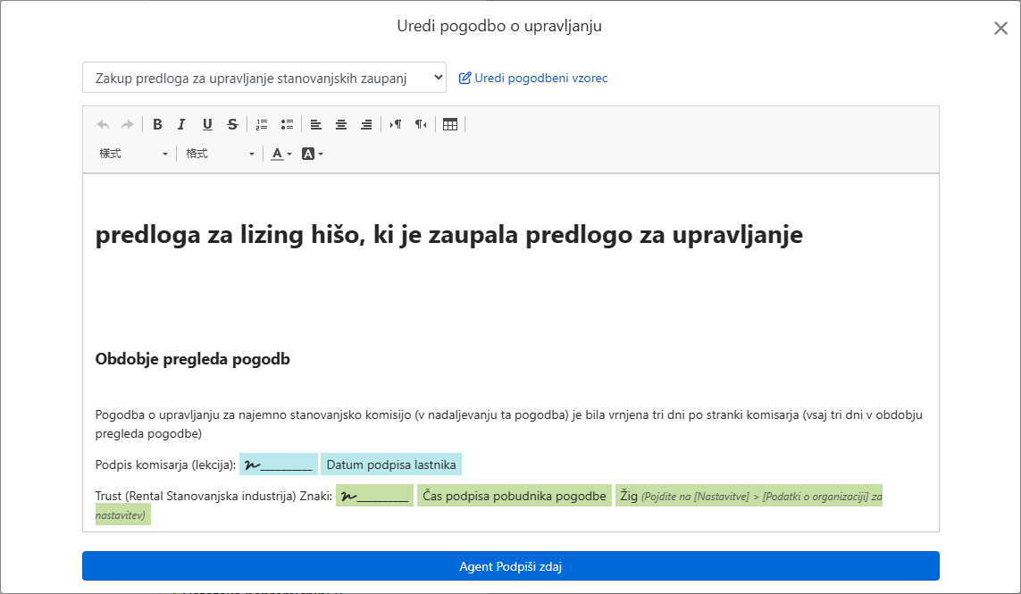 Vzorec pogodbe samodejno izpolni polja za lastnika, naslov in podpise
