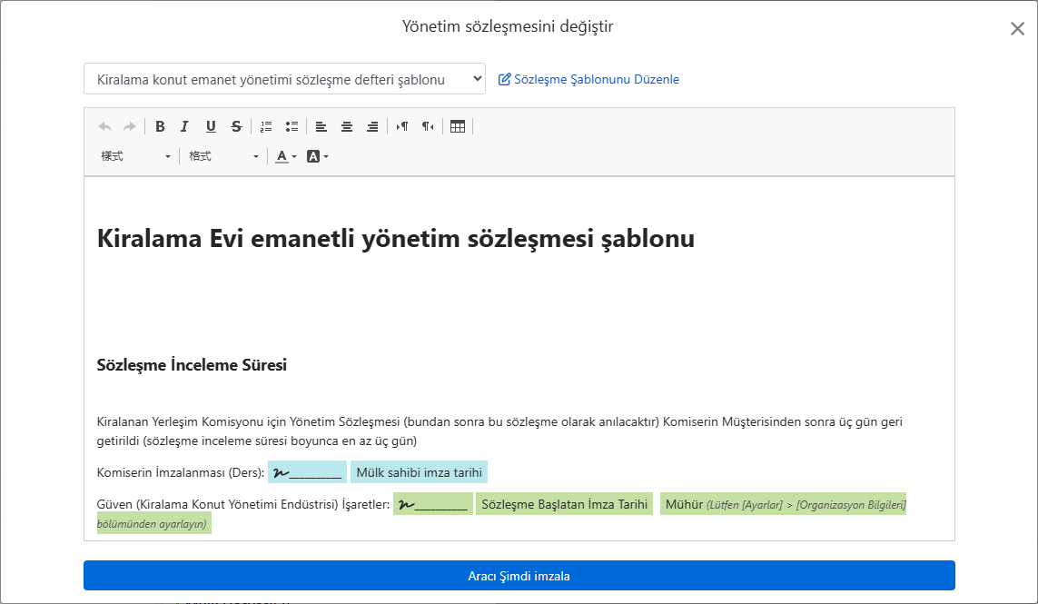 Sözleşme şablonu ev sahibi, adres ve imza alanlarını otomatik olarak doldurur