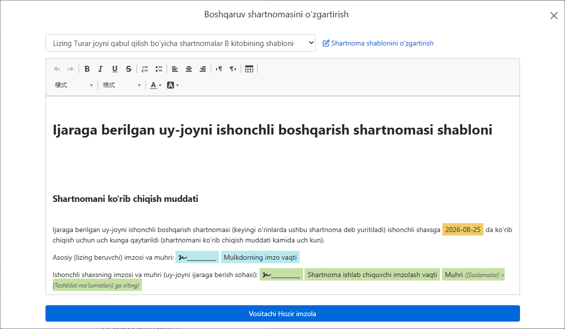 Shartnoma shabloni avtomatik ravishda mulk egasi, manzil va imzo maydonlarini qo'shadi