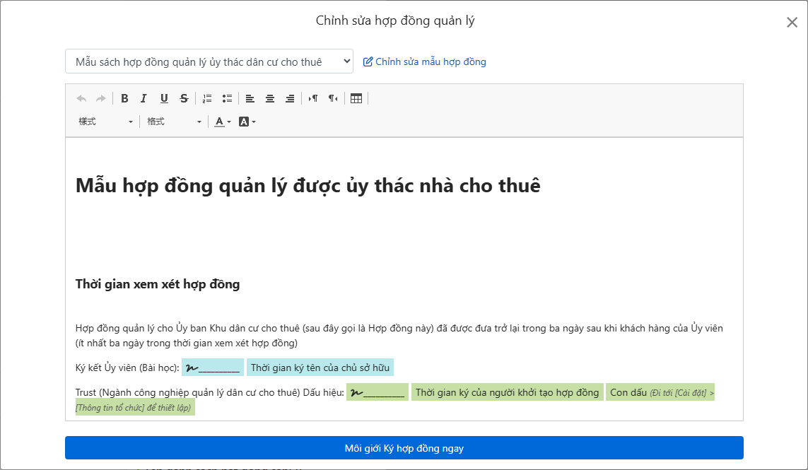 Mẫu hợp đồng tự động điền tên chủ sở hữu, địa chỉ và mục chữ ký