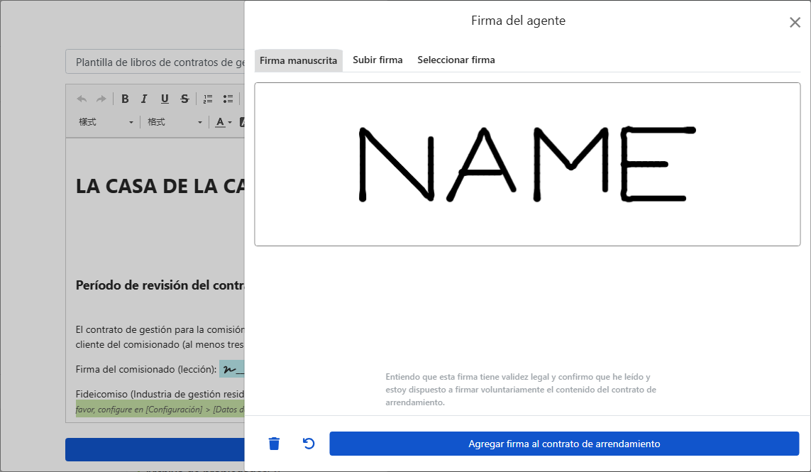 Ventana de firma: dibujar a mano, subir o seleccionar una firma existente