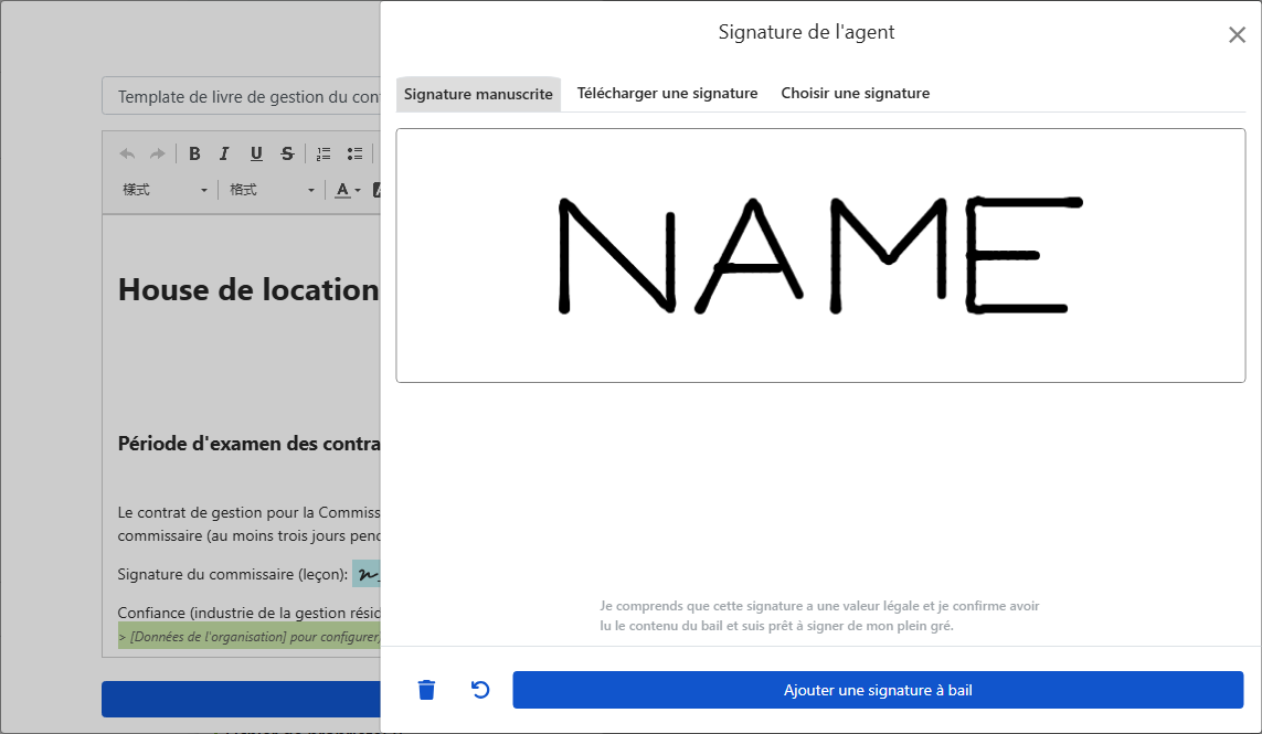 Fenêtre de signature : dessin à main levée, téléversement ou utilisation d'une signature existante