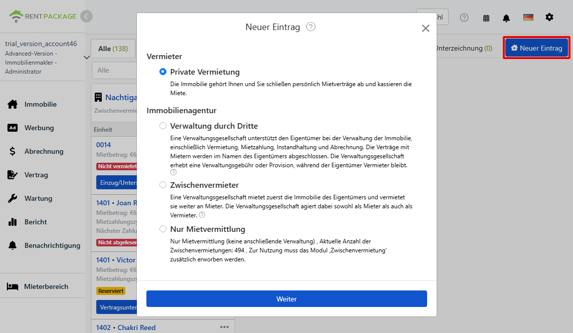 Vier Rollenoptionen beim Hinzufügen einer Immobilie