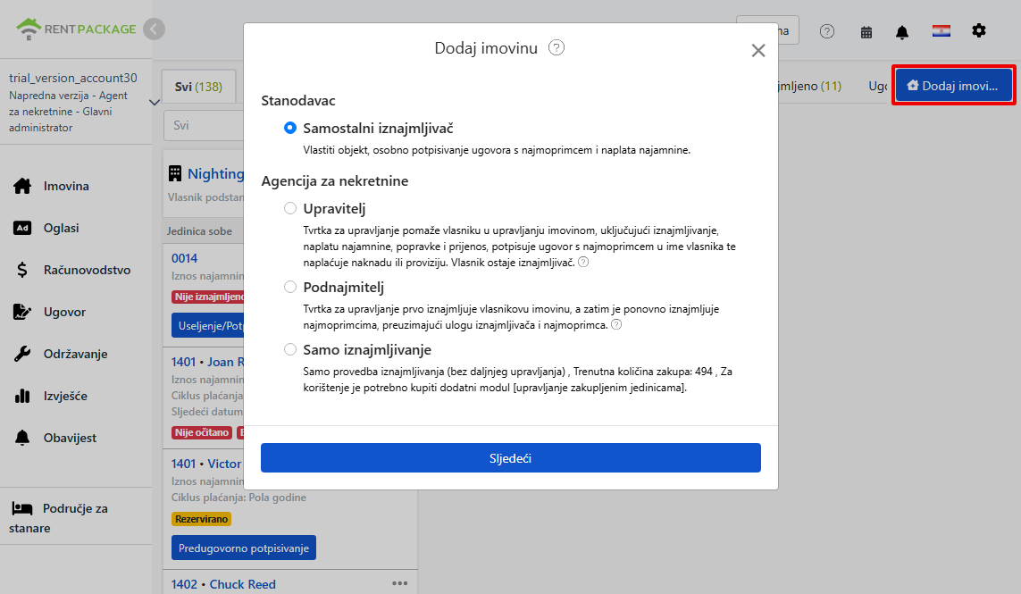 Četiri opcije uloga kod dodavanja nekretnine