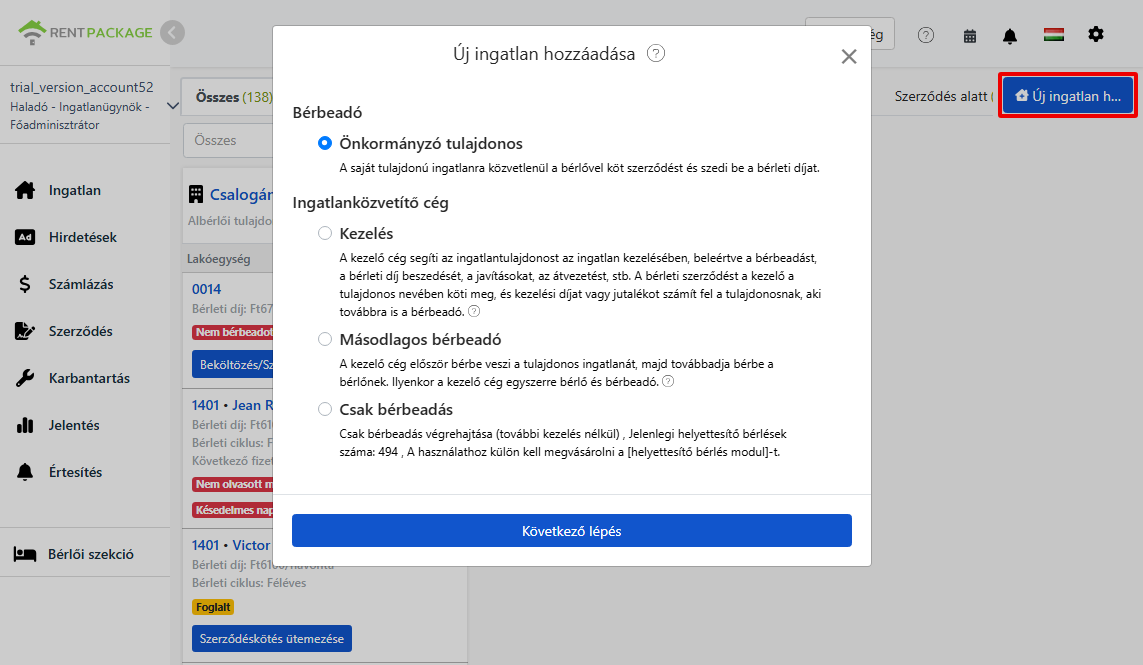 Négy szerepkör választás új ingatlan hozzáadásakor