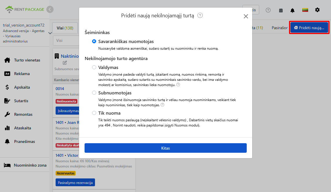 Keturių vaidmenų pasirinkimas pridedant objektą
