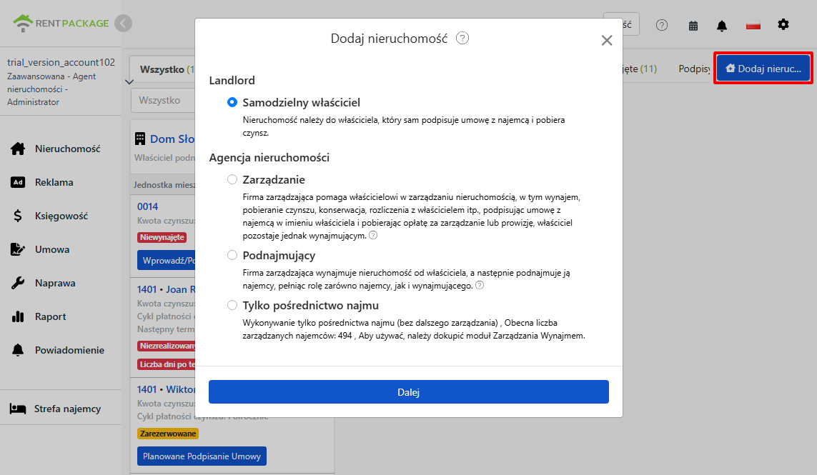 Cztery role do wyboru przy dodawaniu nieruchomości