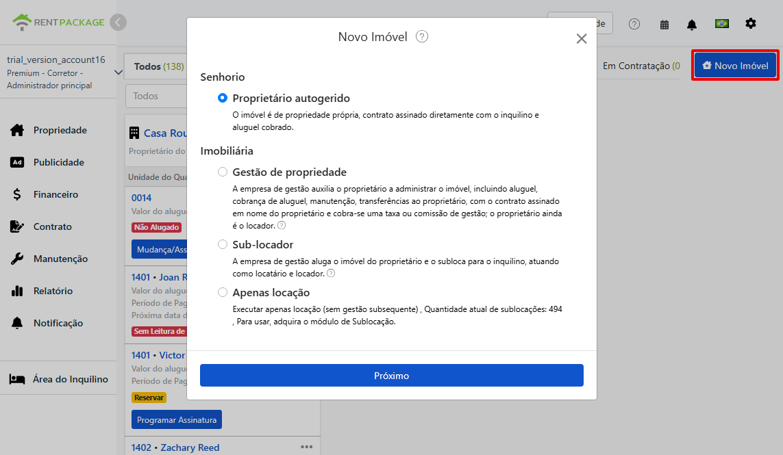 Quatro opções de papel ao adicionar um imóvel