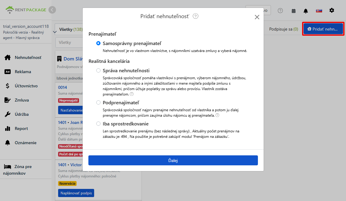 Štyri možnosti rolí pri pridávaní nehnuteľnosti