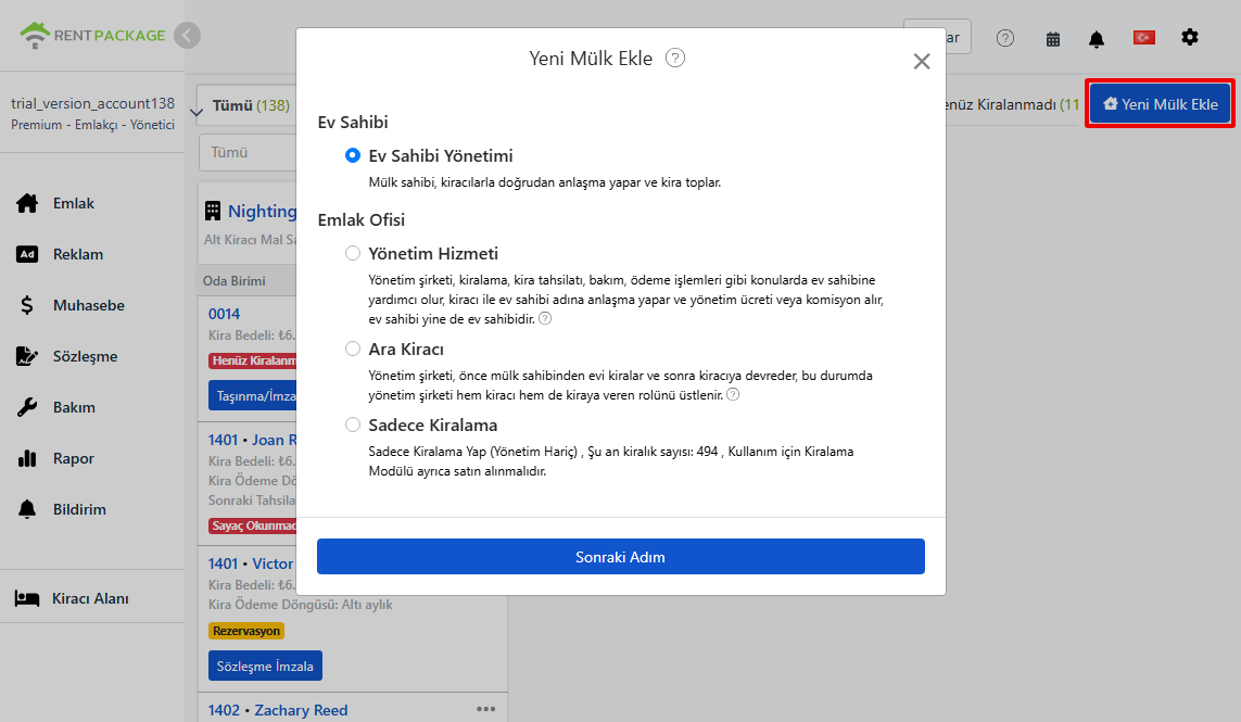 Yeni Mülk Ekleme Sırasında Dört Rol Seçimi
