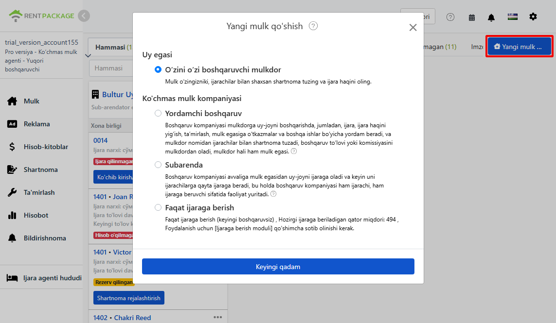Yangi ob'ekt qo'shayotganda to‘rtta rol tanlash mumkin