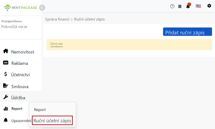 Vstup do Ruční zadání záznamu a tlačítko Nový v menu Výkazy vlevo
