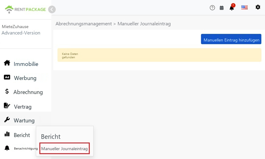 Eingang zu manuellen Buchungen und Schaltfläche Hinzufügen im linken Menü unter Berichte