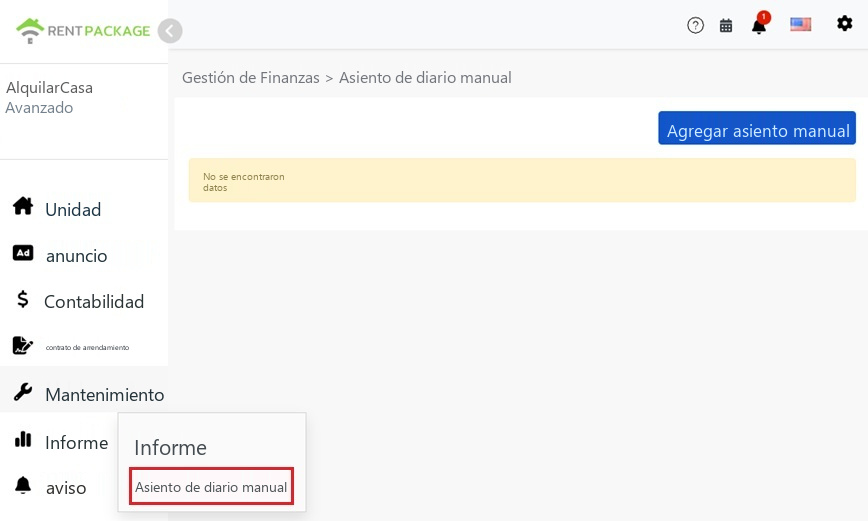 Entrada de 'Ingreso manual de asientos' en 'Reportes' del menú izquierdo y botón 'Nuevo'