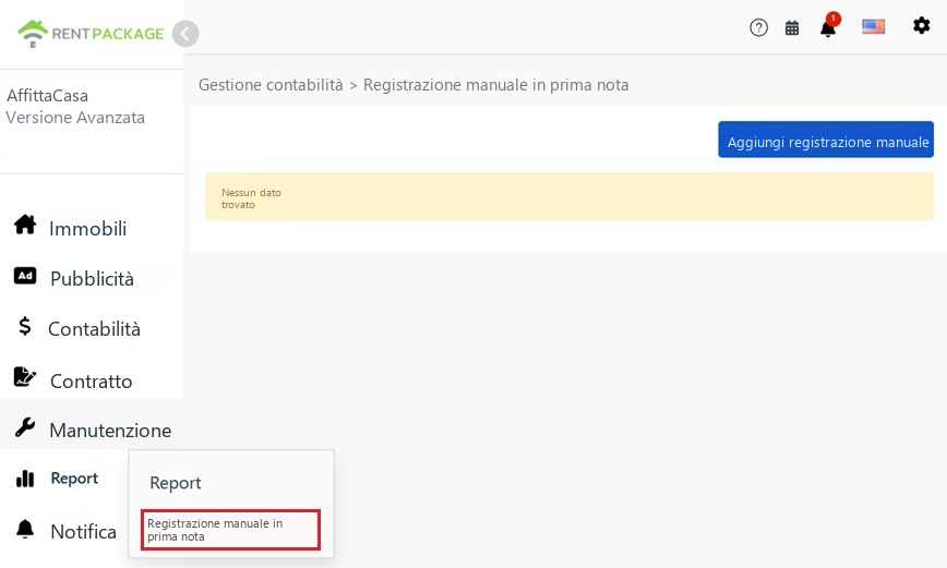 Ingresso Inserimento manuale nei Report del menu a sinistra e pulsante Nuovo