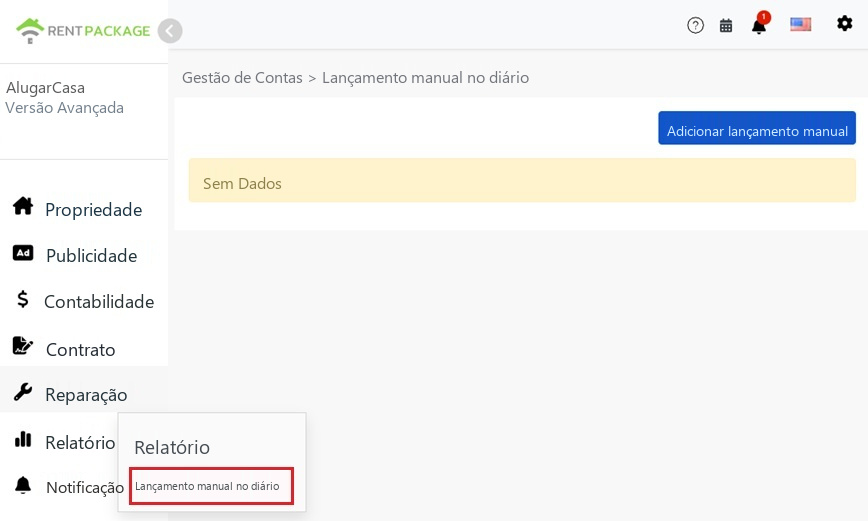Entrada de Lançamento Manual no menu Relatórios à esquerda e botão Adicionar