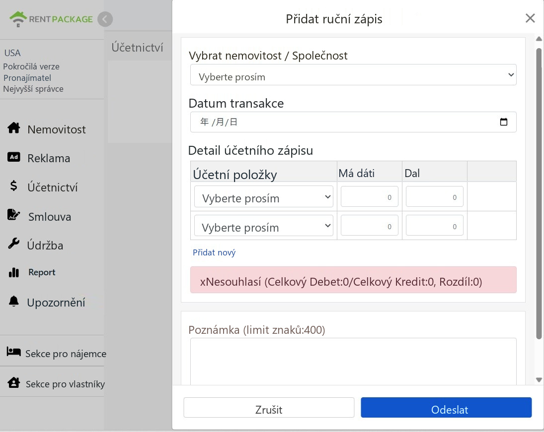 Okno pro přidání manuálního záznamu: objekt, datum transakce, podrobnosti záznamu a upozornění na bilanci.
