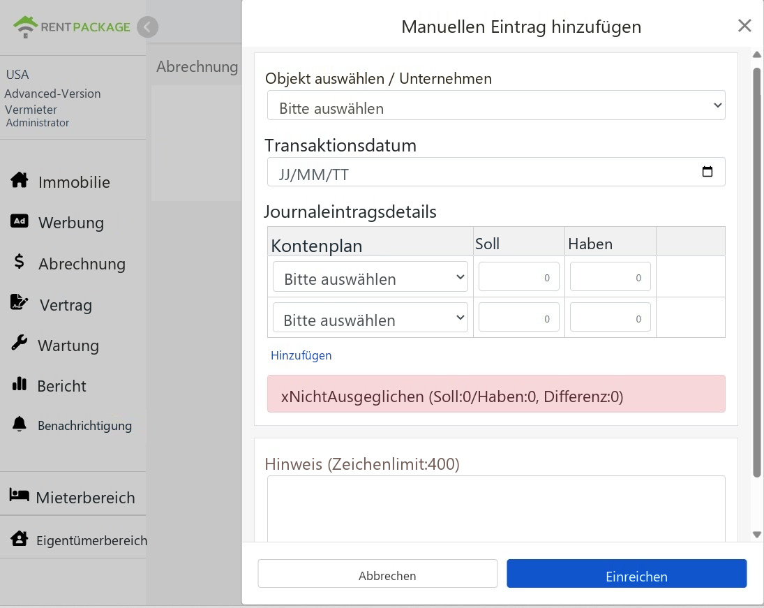 Neue manuelle Buchung: Objekt, Buchungsdatum, Details und Ausgleichshinweis