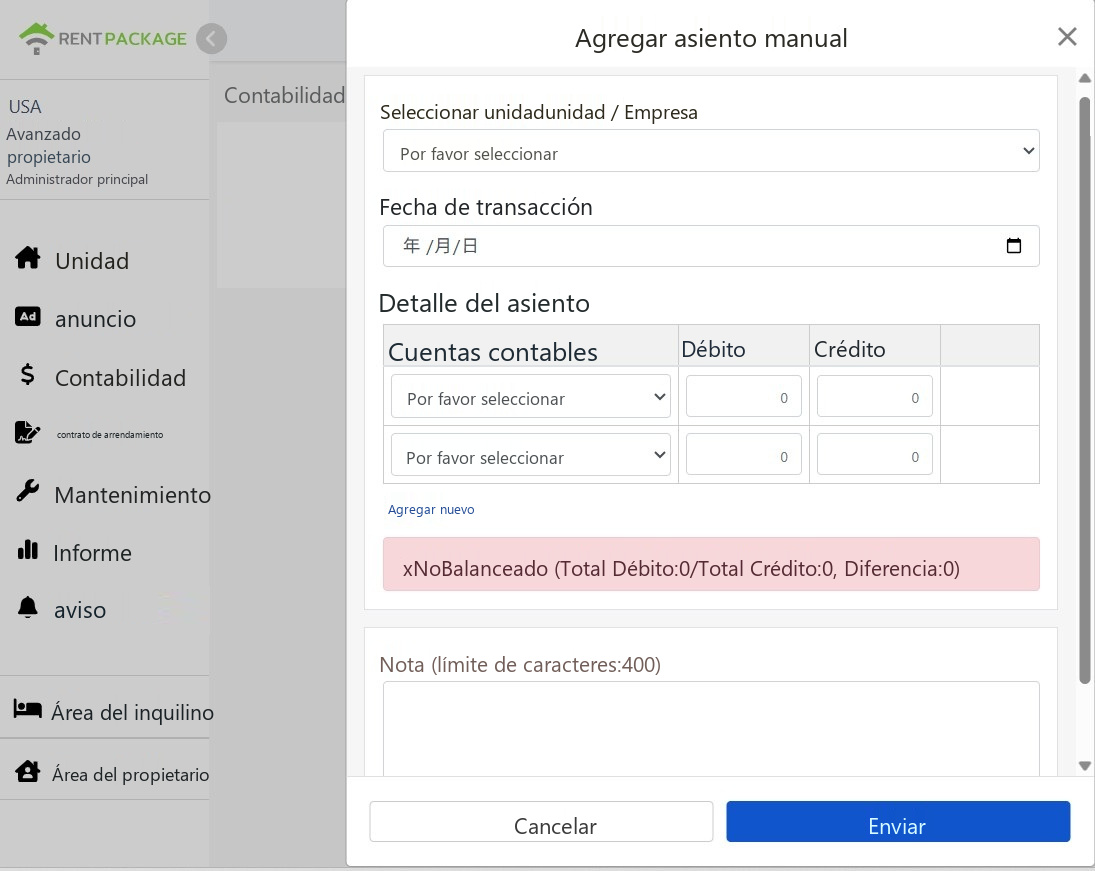 Ventana de nuevo asiento manual: Propiedad, Fecha de transacción, Detalles del asiento y Sugerencia de balance deudor/crédito