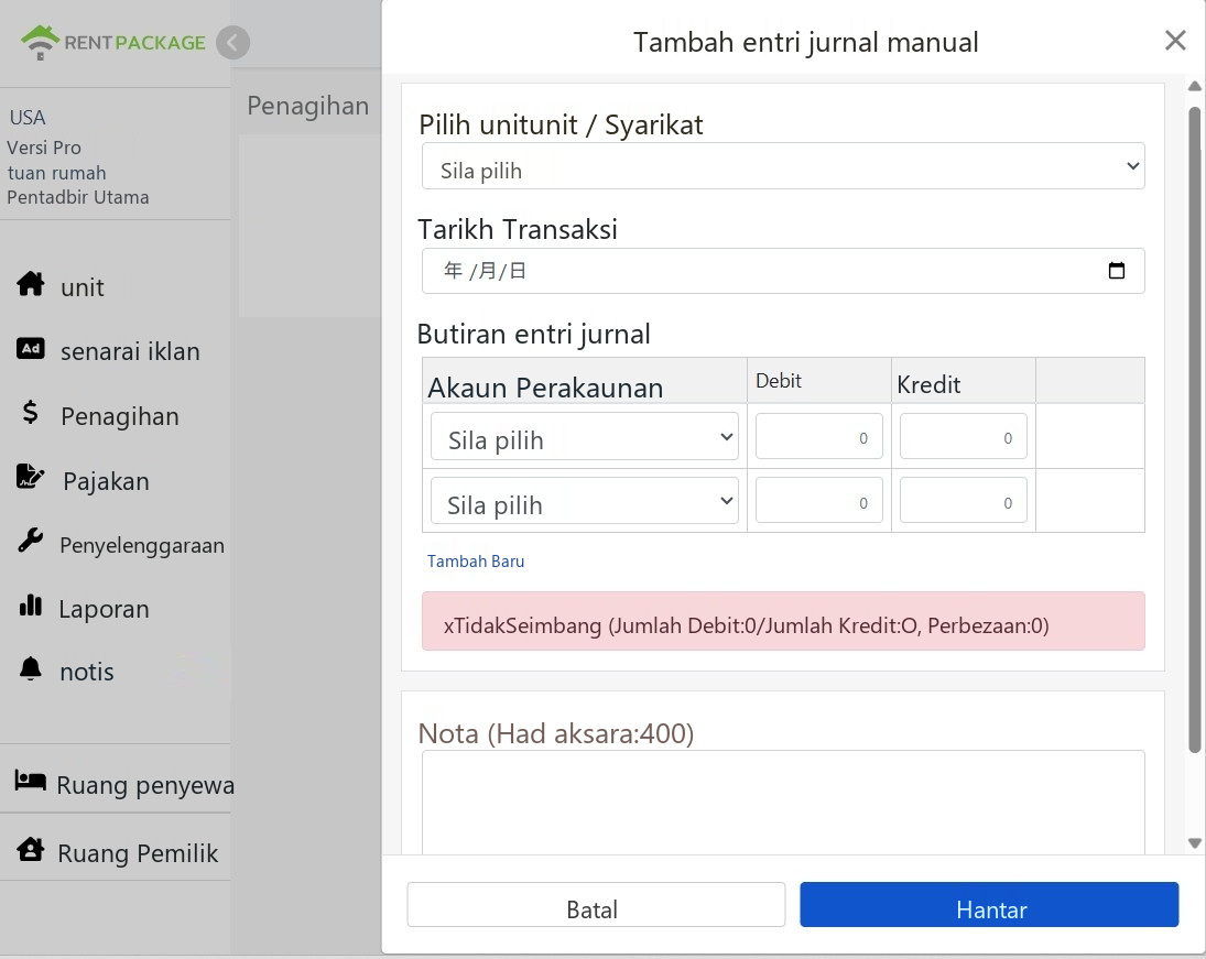 Tetingkap entri manual baru: Objek, Tarikh transaksi, Butiran entri & Imbangan Debit dan Kredit