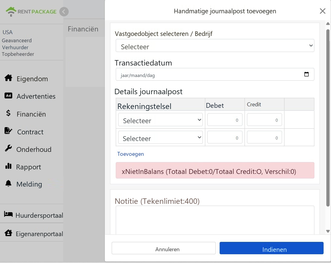 Nieuw handmatig boekstukscherm: Object, transactie datum, boekstukdetails en balanshint