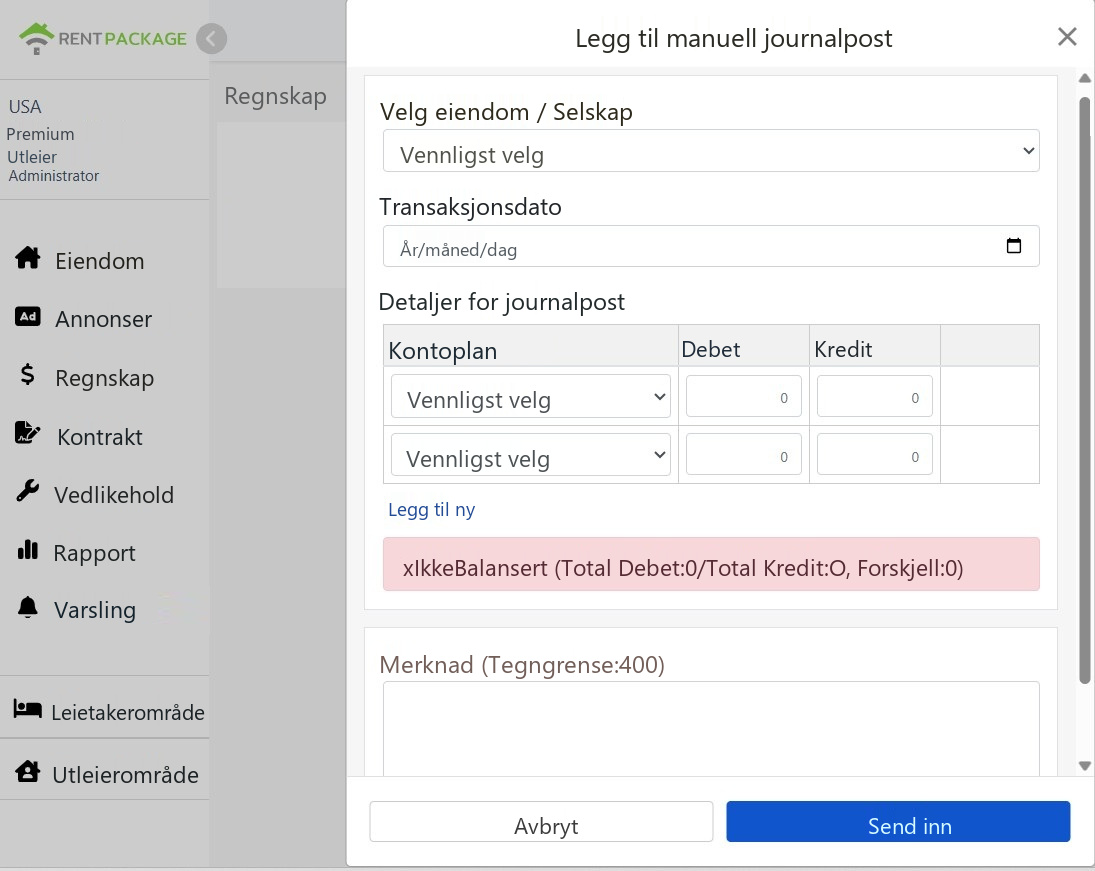 Nytt manuell postvindu: Eiendom, transaksjonsdato, postdetaljer og balanseringstips