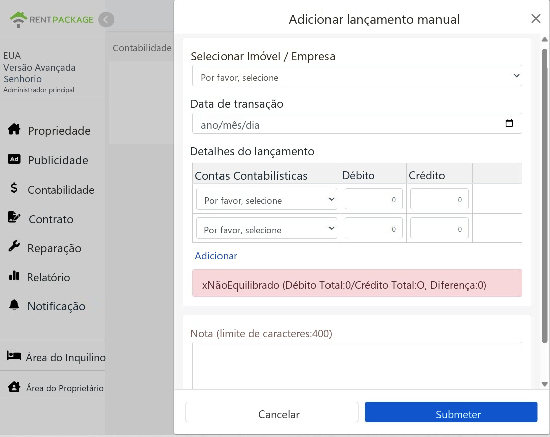 Janela de Novo Lançamento Manual: Propriedades, Data da Transação, Detalhes do Lançamento e Dica de Equilíbrio Débito/Crédito