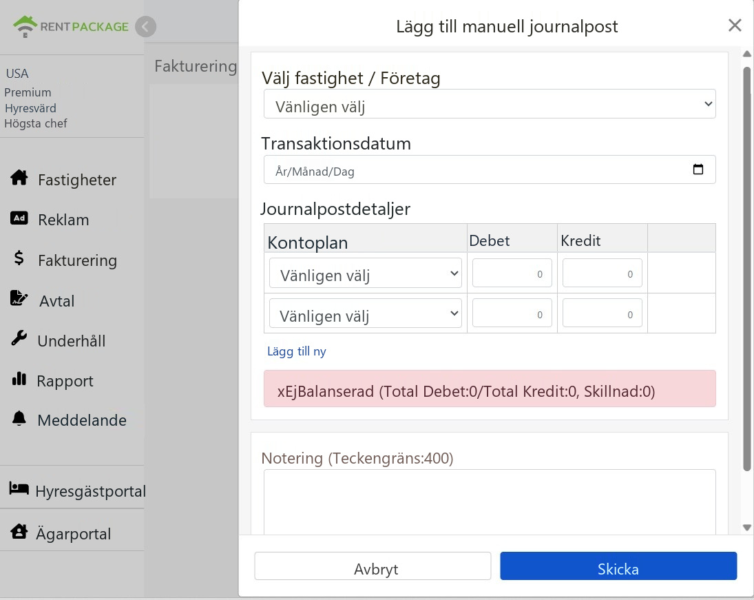 Lägg till manuell transaktionspost: objekt, transaktionsdatum, detaljer och balansvarning
