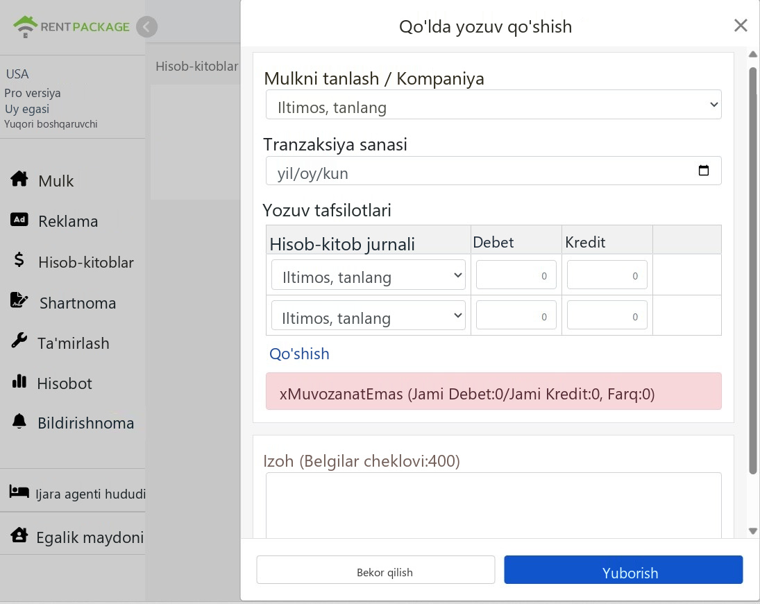 Qo'lda yozuv qo'shish oynasi: ob'ekt, tranzaksiya sanasi, yozuv tafsilotlari va balans maslahatlari