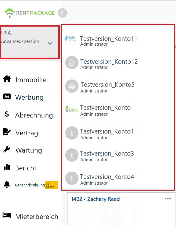 Erweitertes Filialwechselmenü im Kontoabschnitt oben links