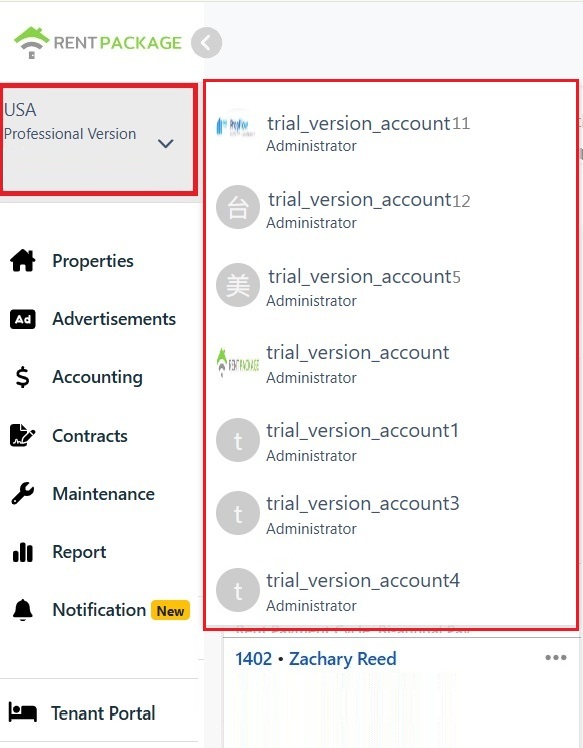 Top-left account block expanded branch switch list.
