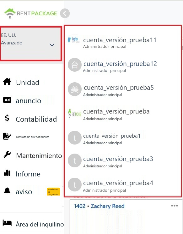 Lista desplegable de cambio de sucursal en el bloque de cuenta en la esquina superior izquierda