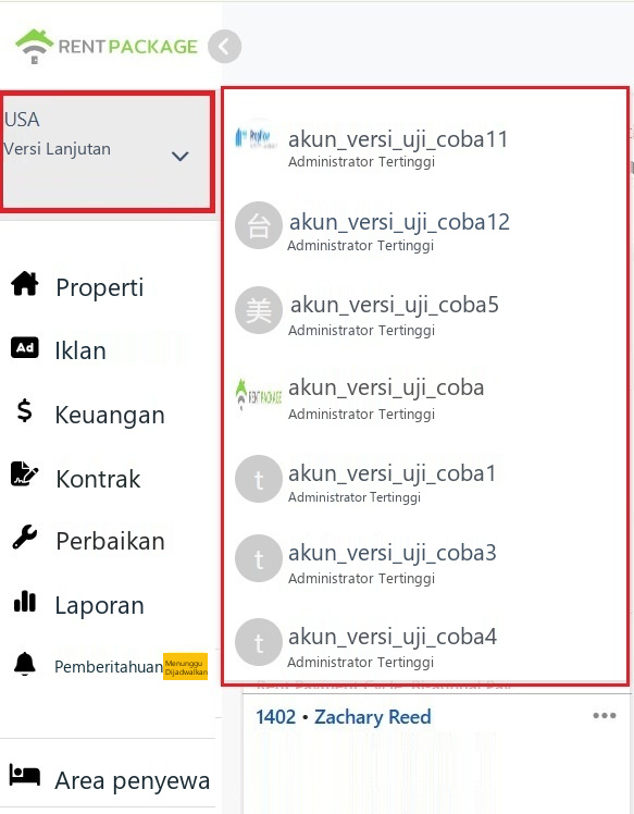 Daftar switching cabang yang dibuka di blok akun kiri atas