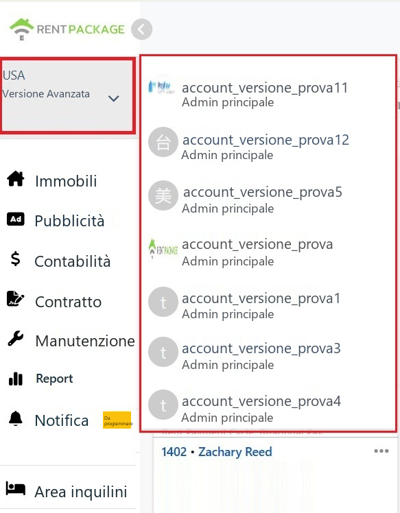 Elenco cambio filiali espanso dal blocco account in alto a sinistra