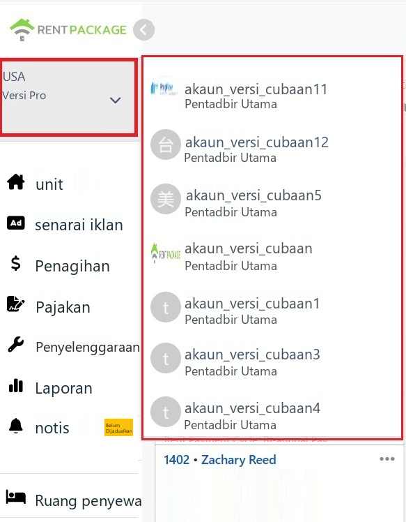 Senarai tukar cawangan yang terbuka dari blok akaun di kiri atas