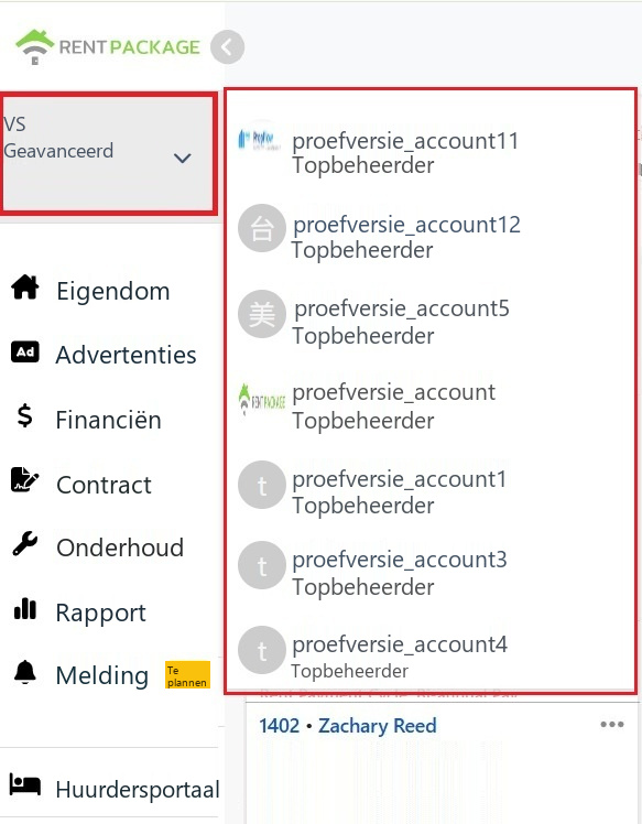 De lijst met filiaaloverschakelingen uitgevouwen in het accountblok linksboven